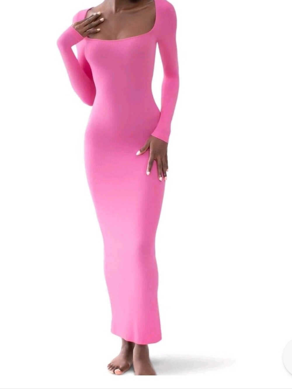 PUMIEY Maxi Dress Women's Square Neck Long Sleeve Ribbed Bodycon Size Medium